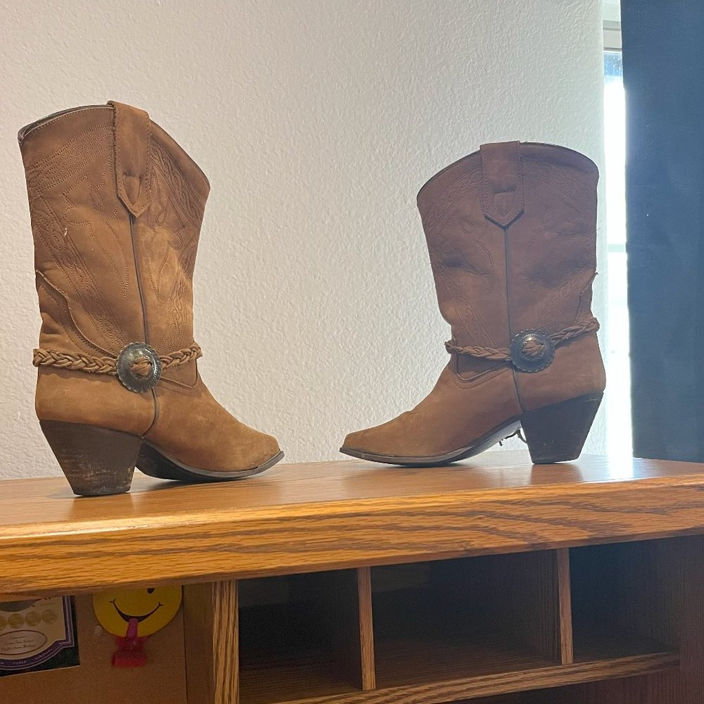 Western Boots - Half Calf Brown Suede with Conchos